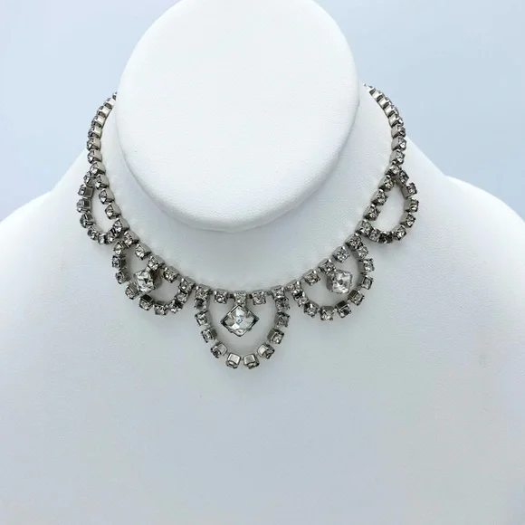 Vintage Clear Rhinestone Faux Diamond Ornate Choker Necklace - Picture 8 of 13